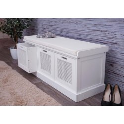 Siddeb�nk med creme hynde og 3 tr�kasser - b�nk med opbevaring - hvid