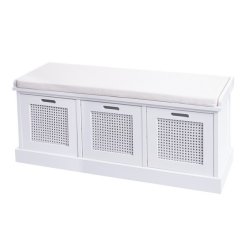 Siddeb�nk med creme hynde og 3 tr�kasser - b�nk med opbevaring - hvid