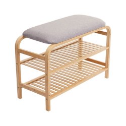 B�nk med hynde og 2 skohylder - bambus siddeb�nk med skohylder