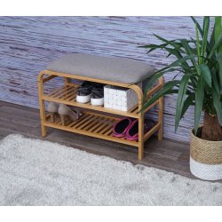 B�nk med hynde og 2 skohylder - bambus siddeb�nk med skohylder