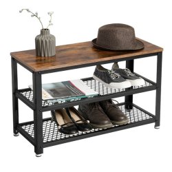Skobnk med 2 trdhylder - siddebnk med skohylder - rustik brun