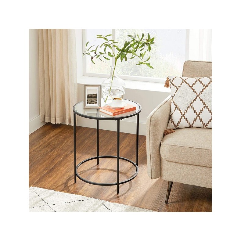 Sidebord - rundt sofabord med h�rdet glas og sort stel - �50