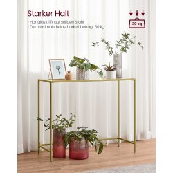 Konsolbord - sidebord med h�rdet glas og gyldent stel 100x20x80