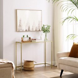Konsolbord - sidebord med hrdet glas og gyldent stel 100x35x80