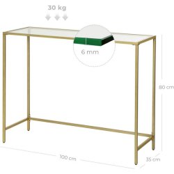 Konsolbord - sidebord med hrdet glas og gyldent stel 100x35x80