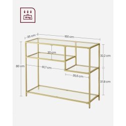 Konsolbord - sidebord med h�rdet glas og gyldent stel 100x35x80