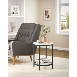 Sidebord - rundt sofabord med hvid bordplade og sort stel