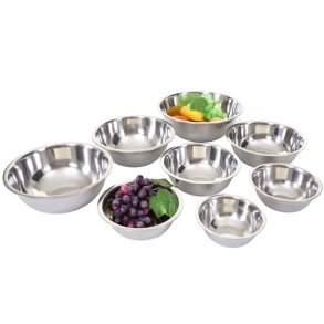 Skle i rustfrit stl - st med 8 stabelbare rreskle og serveringsskle