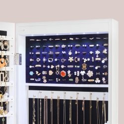 Smykkeskab med LED-lys - vghngt spejlskab til dr - hvid