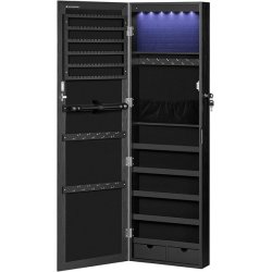 Smykkeskab med LED-lys - v�gh�ngt spejlskab til d�r - sort