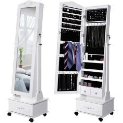 Smykkeskab med spejl, hjul og LED lys - skab til smykker - hvid