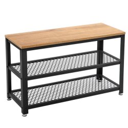 Skobnk med 2 trdhylder - siddebnk med skohylder - lysebrun