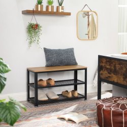 Skobnk med 2 trdhylder - siddebnk med skohylder - lysebrun