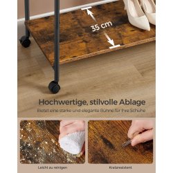 T�jstativ p� hjul med skohylde og 2 t�jst�nger - rustik brun