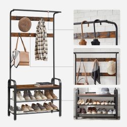 Garderobestativ med knagerkker og 2 skohylder - rustik brun