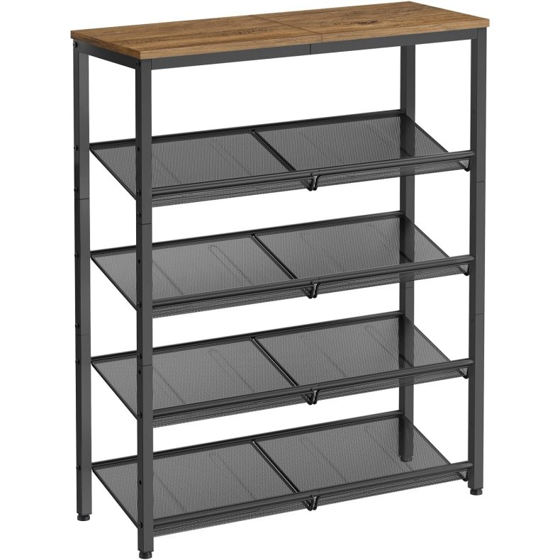 Skoreol med 4 hylder - skostativ med metalhylder - brun