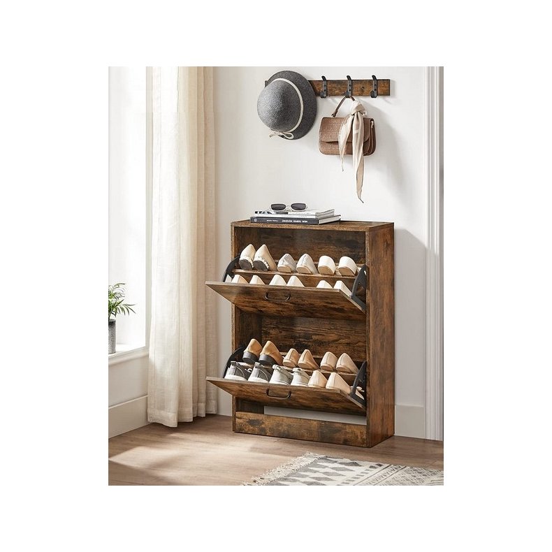 Skoskab med 2 skuffer - skoreol med 2 rum - rustik brun