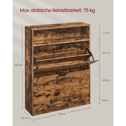 Skoskab med 2 skuffer - skoreol med 2 rum - rustik brun