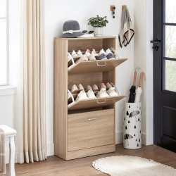 Skoskab med 3 skuffer - skoreol med 3 rum - eg brun