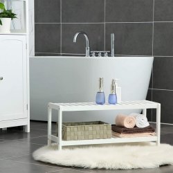 Skoreol i bambus med 2 hylder - hvidt skostativ 70 x 33 x 26