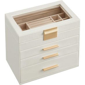 Smykkeskrin i kunstlder - smykkeskrin med skuffer - hvid
