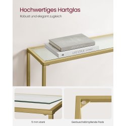 Konsolbord - sidebord med h�rdet glas og gyldent stel 100x20x80