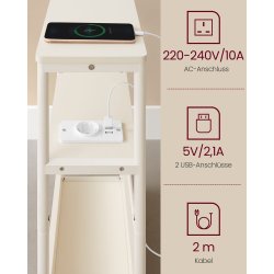 Sidebord med strmstik - smal slank sengebord - creme hvid