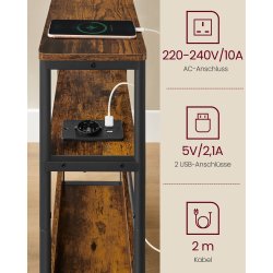 Sidebord med strmstik - smal slank sengebord - rustik brun