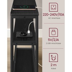 Sidebord med strmstik - smal slank sengebord - sort