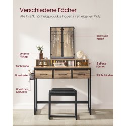 Sminkebord med skammel, spejl og skuffer - ege brun