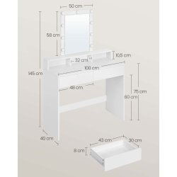 Sminkebord - kosmetikbord med spejl, hylde og skuffer - hvid