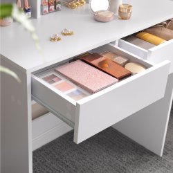 Sminkebord - kosmetikbord med spejl, skuffer og hylde - hvid