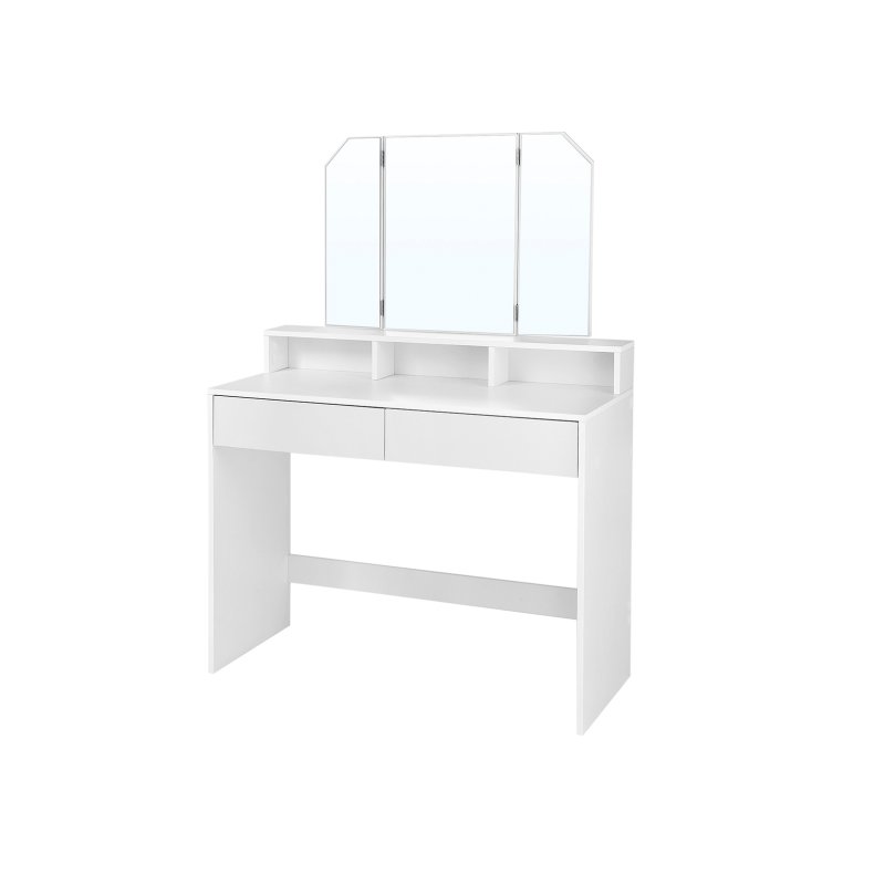 Sminkebord - kosmetikbord med spejl, skuffer og hylde - hvid