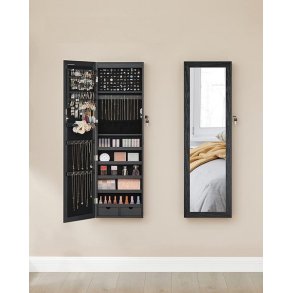 Smykkeskab med LED-lys - v�gh�ngt spejlskab til d�r - sort