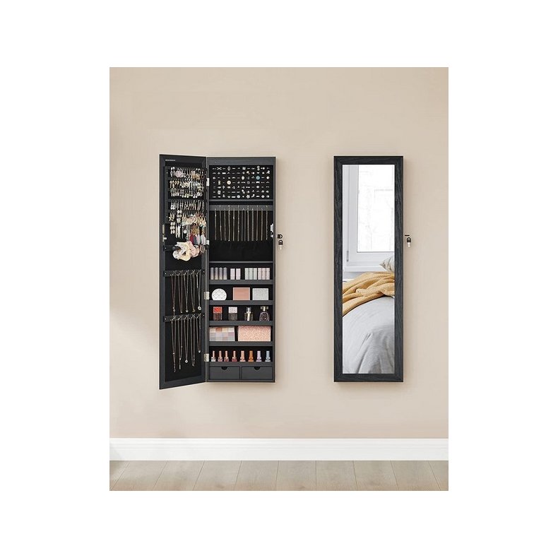 Smykkeskab med LED-lys - v�gh�ngt spejlskab til d�r - sort