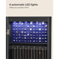 Smykkeskab med LED-lys - v�gh�ngt spejlskab til d�r - sort