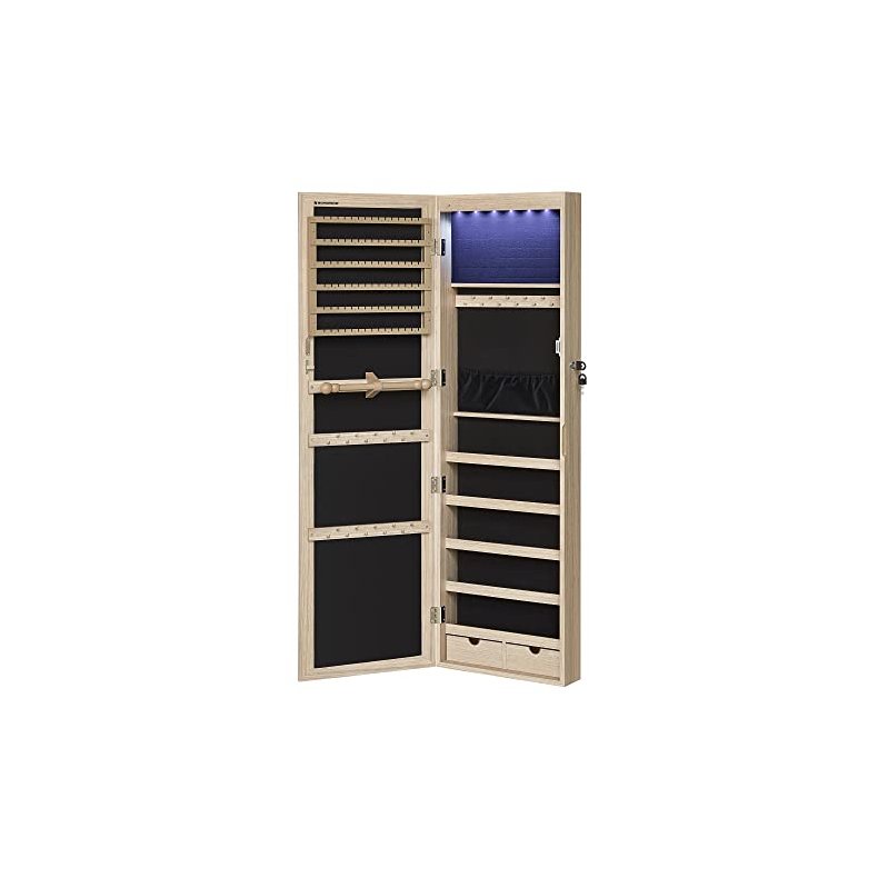 Smykkeskab med LED-lys - spejlskab til d�r og v�g - brun