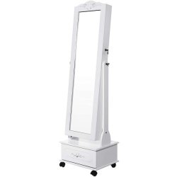 Smykkeskab med spejl, hjul og LED lys - skab til smykker - hvid