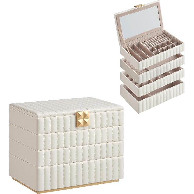Smykkeskrin med spejl - 4 lags stabelbar smykkeskrin - hvid