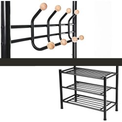Garderobestativ i metal med knagerkker og 3 hylder - sort