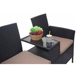 Havebnk til 2 personer med bord - sort polyrattan med creme hynder - 132 cm
