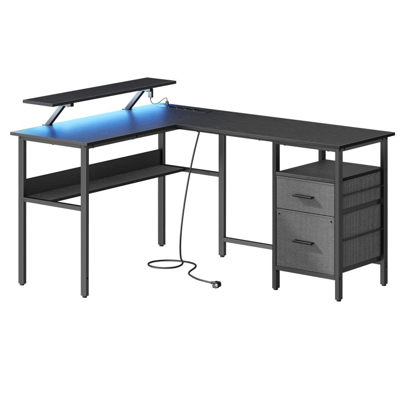 Hjrneskrivebord med strmstik og skrmstativ - sort 120x150