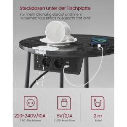 Sidebord - rundt hjrnebord med strmstik - sort 45 x H50 cm