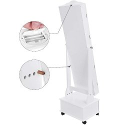 Smykkeskab med spejl, hjul og LED lys - skab til smykker - hvid