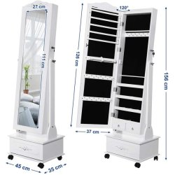 Smykkeskab med spejl, hjul og LED lys - skab til smykker - hvid