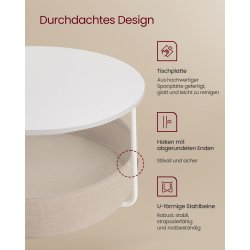 Sofabord - rundt stuebord med stofkurv - hvid - 75 x H45 cm