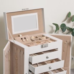 Smykkeskrin - stort smykkeskrin med 5 skuffer, spejl og ls