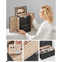 Smykkeskrin - stort smykkeskrin med 5 skuffer og spejl - sort