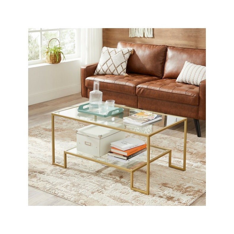 Sofabord - stuebord med hrdet glas og gyldent stel - 100x55x45