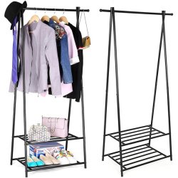 Tjstativ med hylder i sort metal - tjstang med 2 skohylder